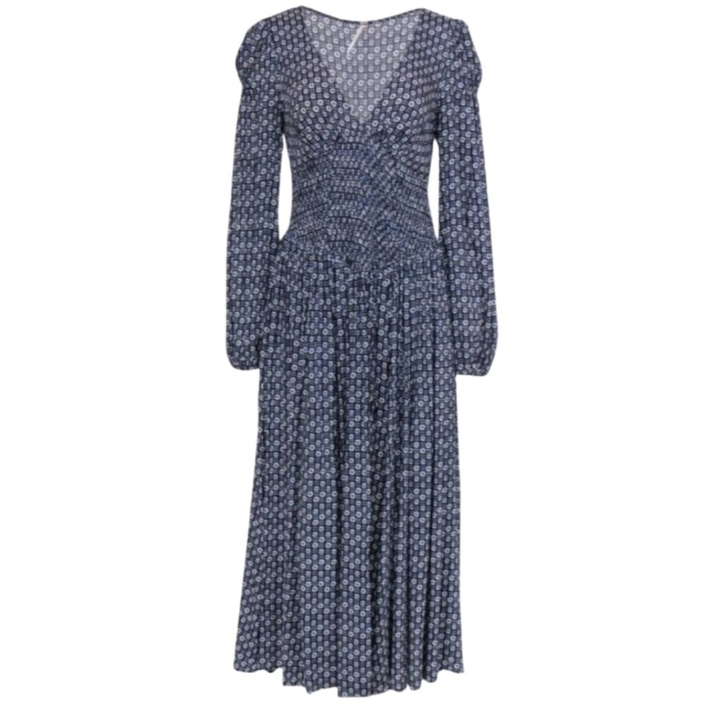 Free People Indigo Child Navy‎ Patterned Long Sleeve Midi Dress Size Large